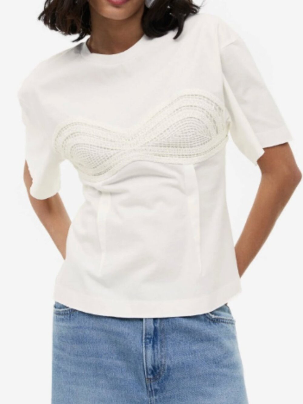 H&M Bustier Illusion Crochet White Cotton T-Shirt Size Large NWT